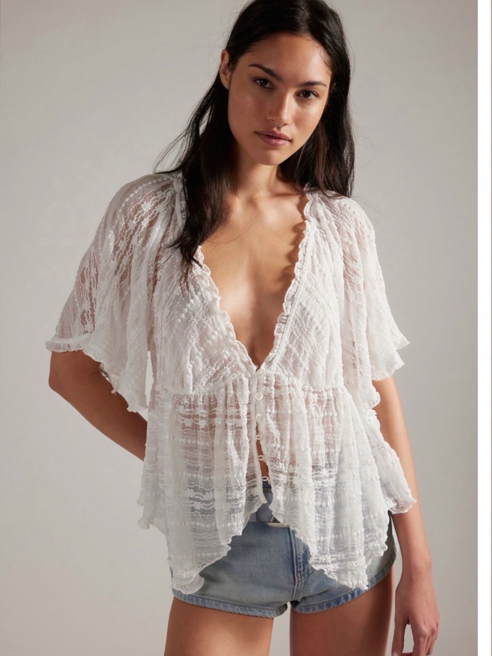 Delicate White Lace Flutter Sleeve Top free people